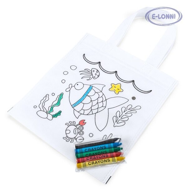 Children´s non-woven bag with design for coloring. Includes 5 waxes in varied colors.