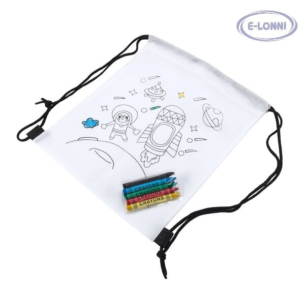 Children´s backpack with drawstrings . With design for coloring. Includes 5 waxes in varied colors.  LON7530