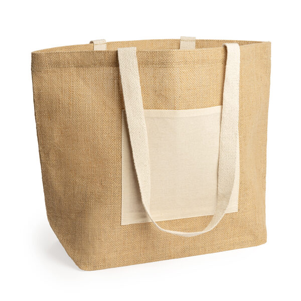 Bag in laminated jute with front pocket and long natural cotton handles. LON7099