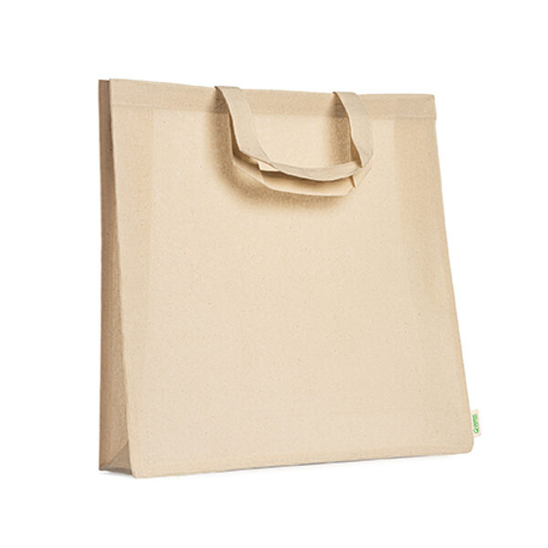 100% organic cotton bag with gusset and reinforced 35 cm short handles. 120 gsm.